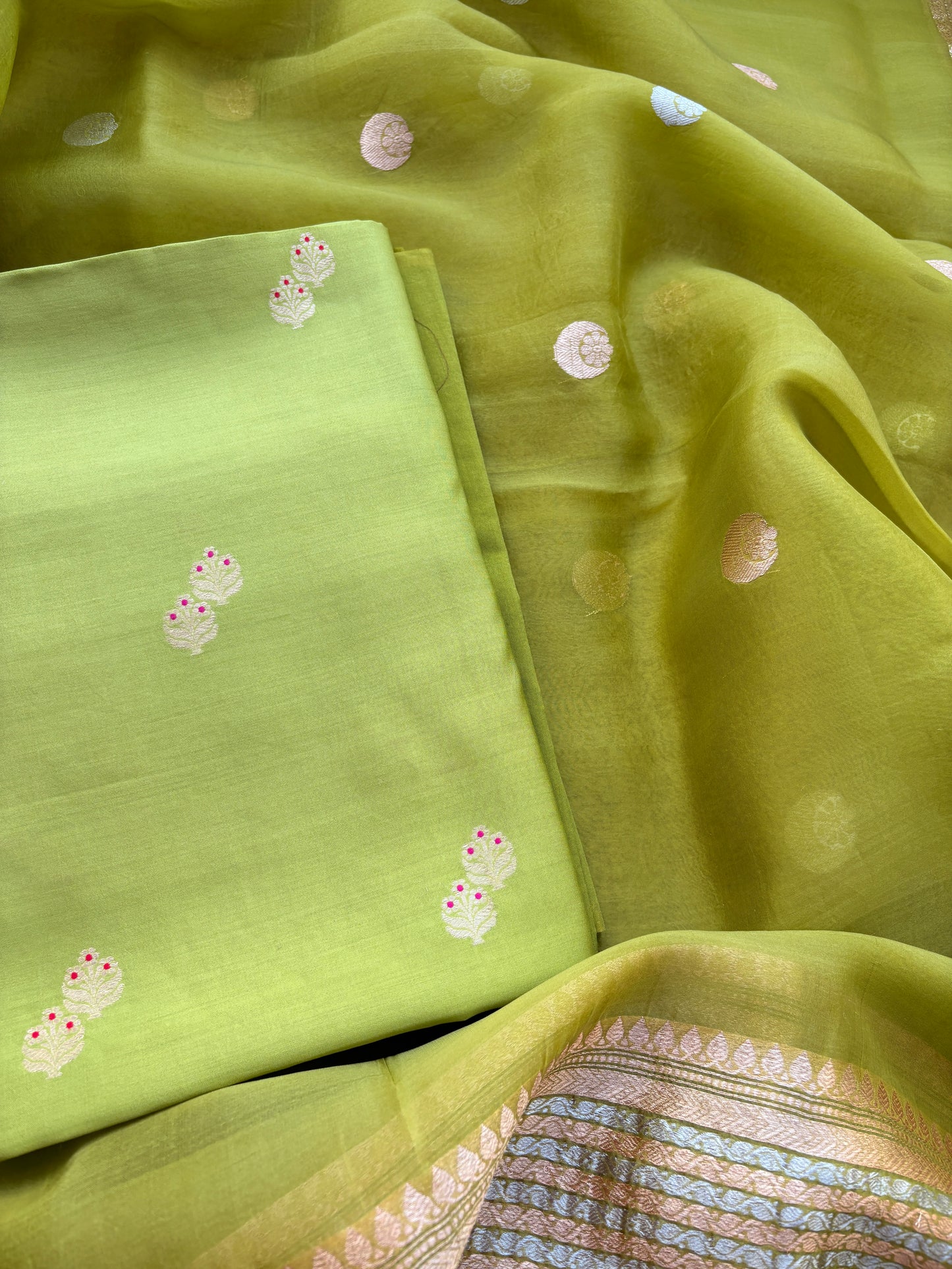 Green Chiniya silk kora suit set
