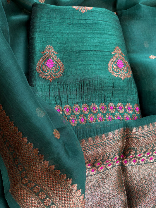 Green raw silk kadhwa suit set