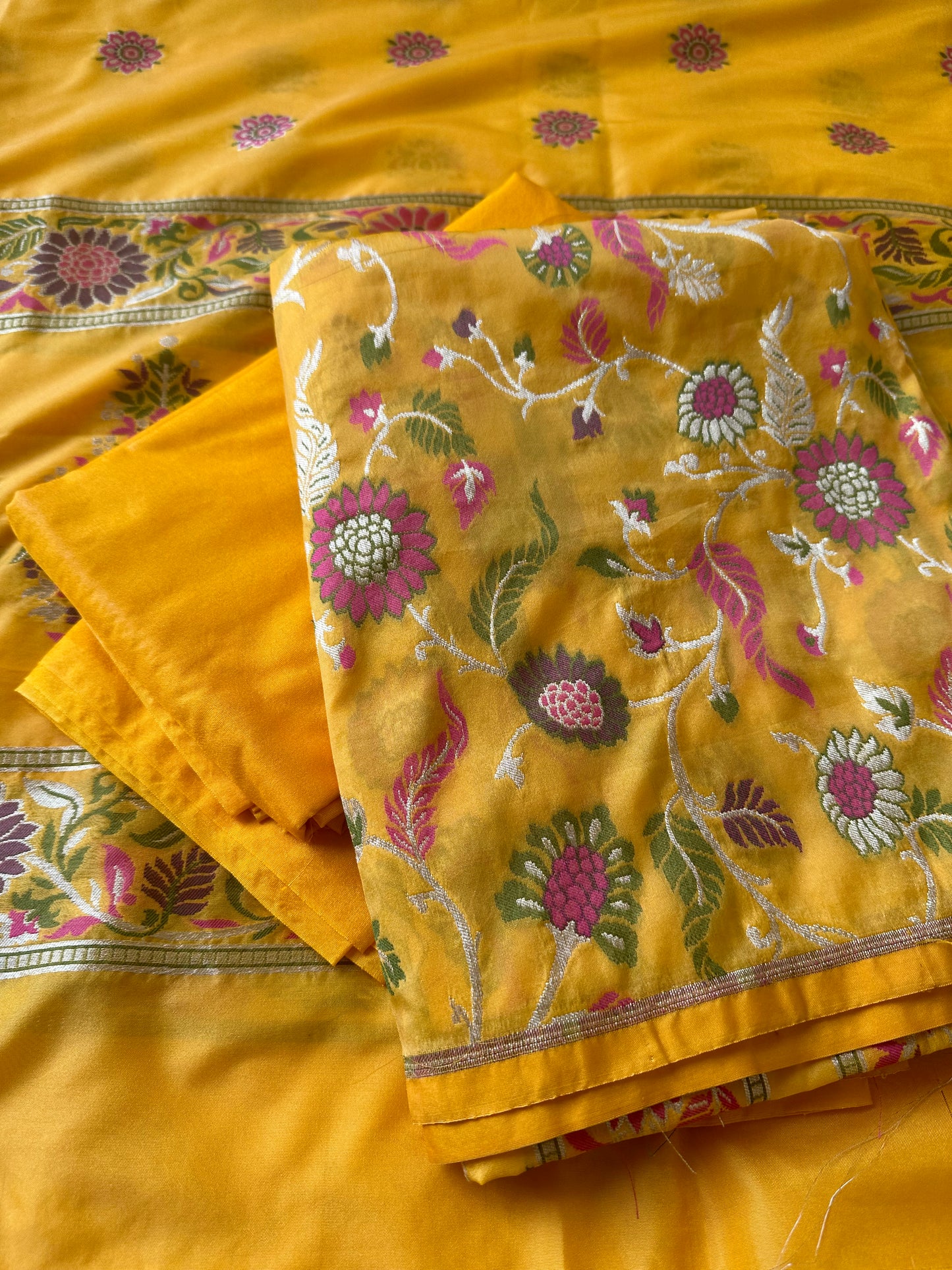 Yellow Chiniya silk full Jaal weaving 3 piece suit.