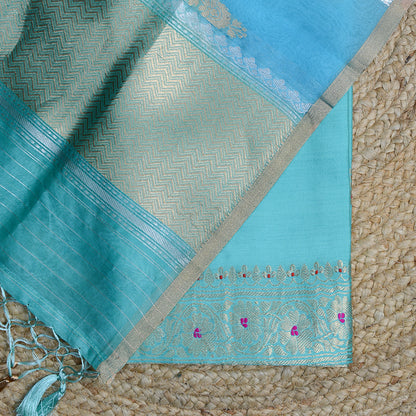 Blue Chiniya silk with rangkat kora dupatta