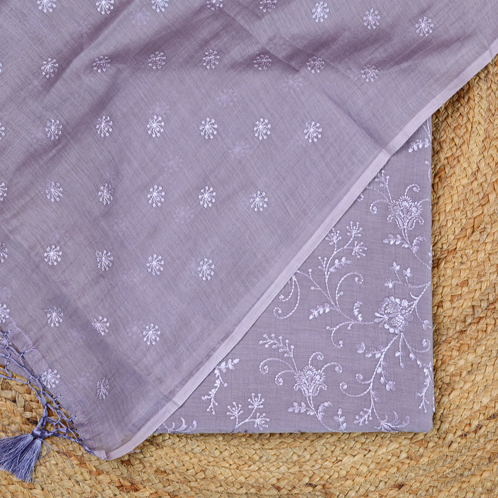 Lavender embroidered mul Chanderi suit set