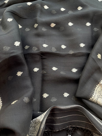 Black Chiniya silk pure silver zari suit set