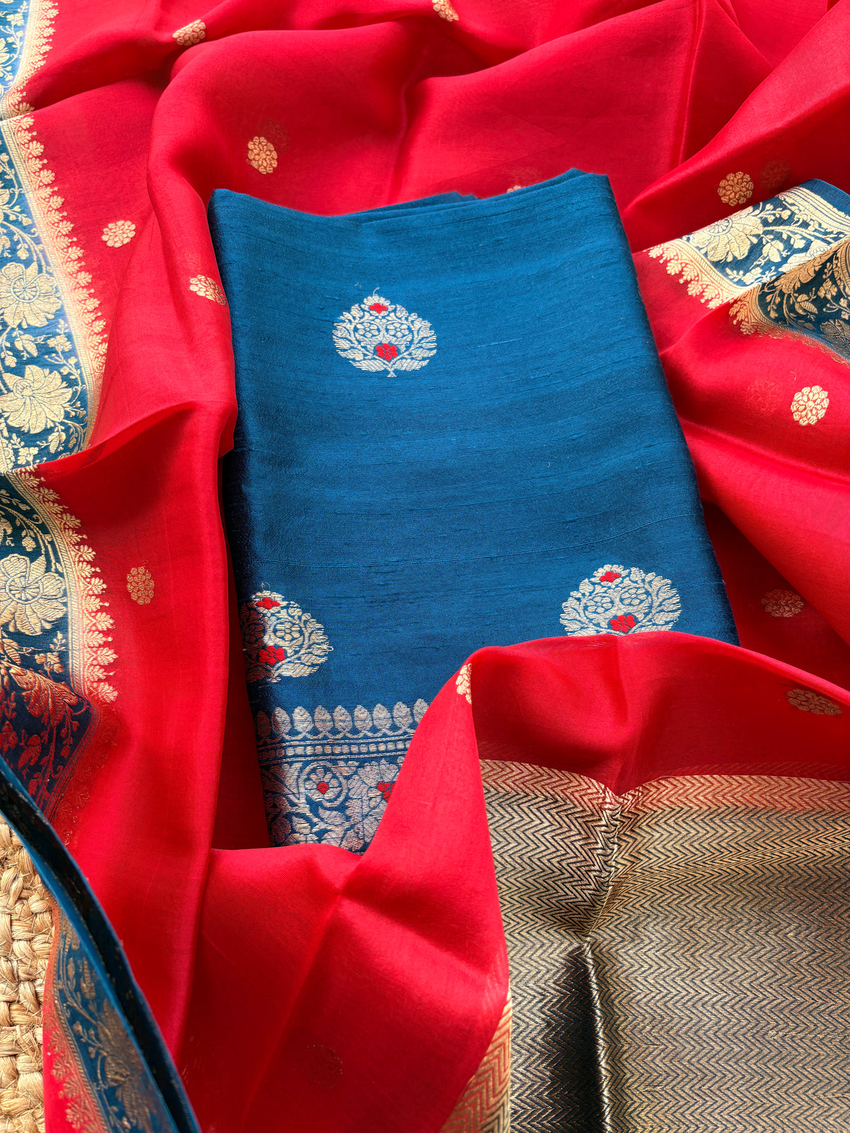 Blue red tussar silk suit set