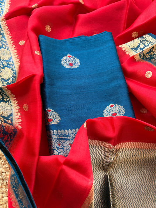 Blue red tussar silk suit set