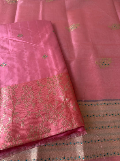 Pink katan silk embroidered kurta, plain katan bottom and kora silk dupatta .