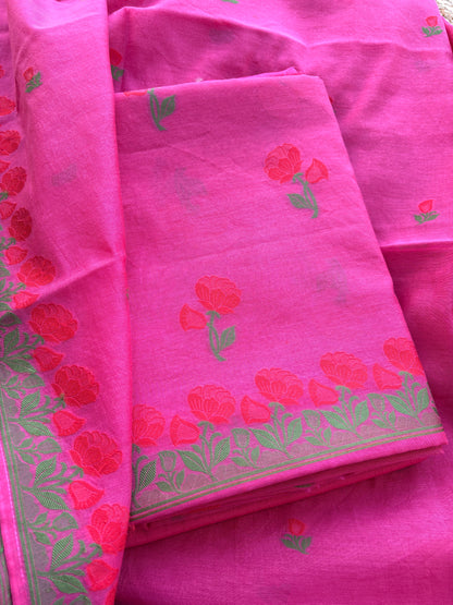 Pink Chanderi flower weaving suit set