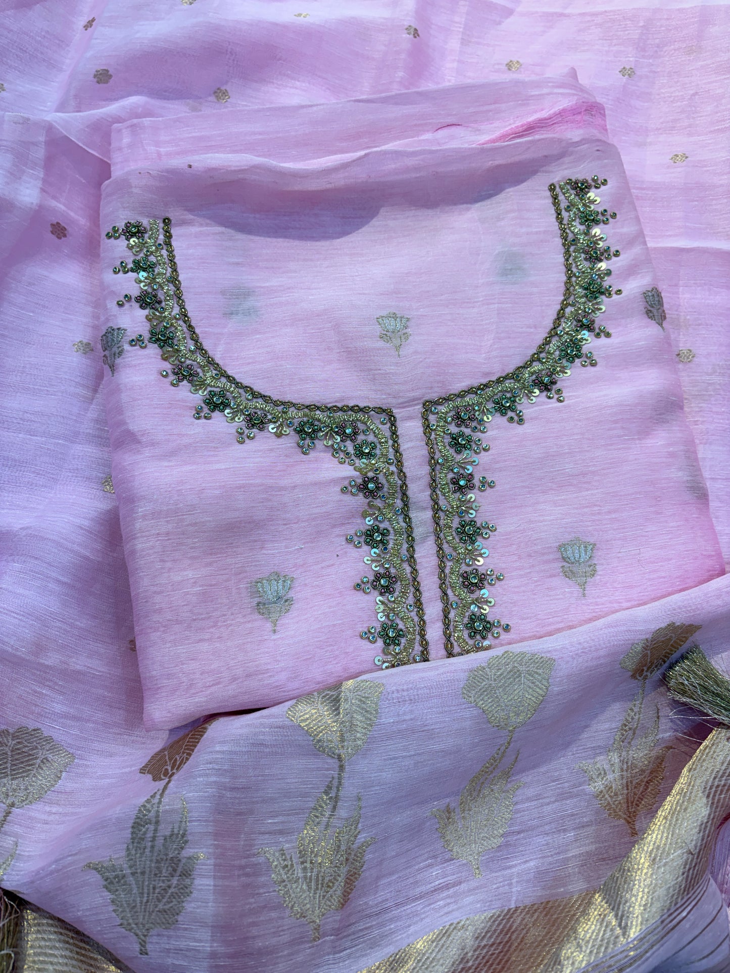 Pink linen silk hand embroidered suit set