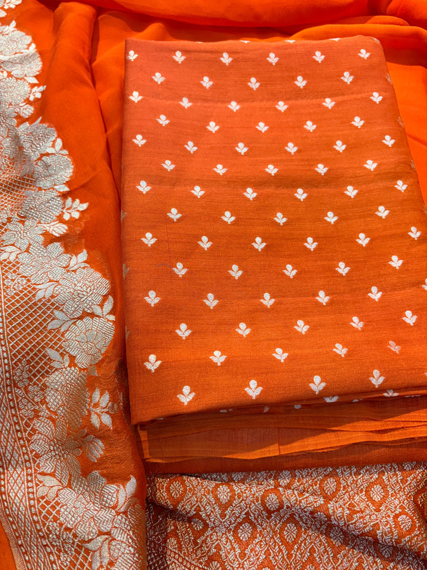 Orange moonga silk kurta , bottom and Khaddi georgette kadhwa dupatta