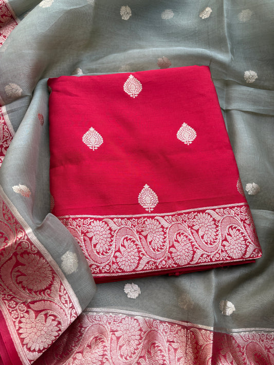 Red Chiniya silk kadhwa shaded dupatta