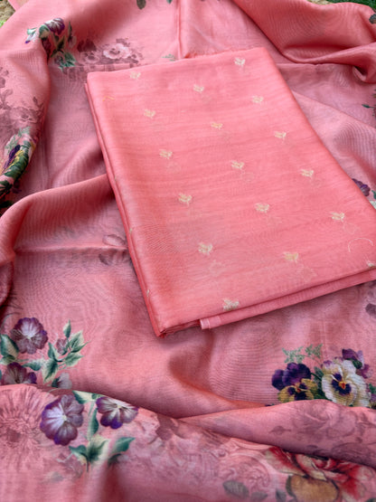 Peach mul Chanderi 3 piece Suit set