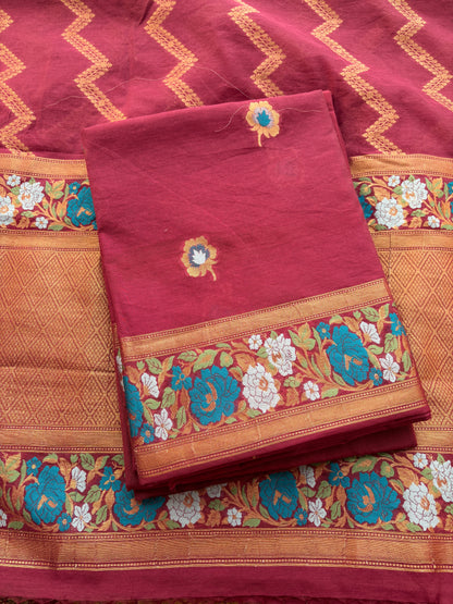 Maroon Chanderi cotton full jaal weaving suit set