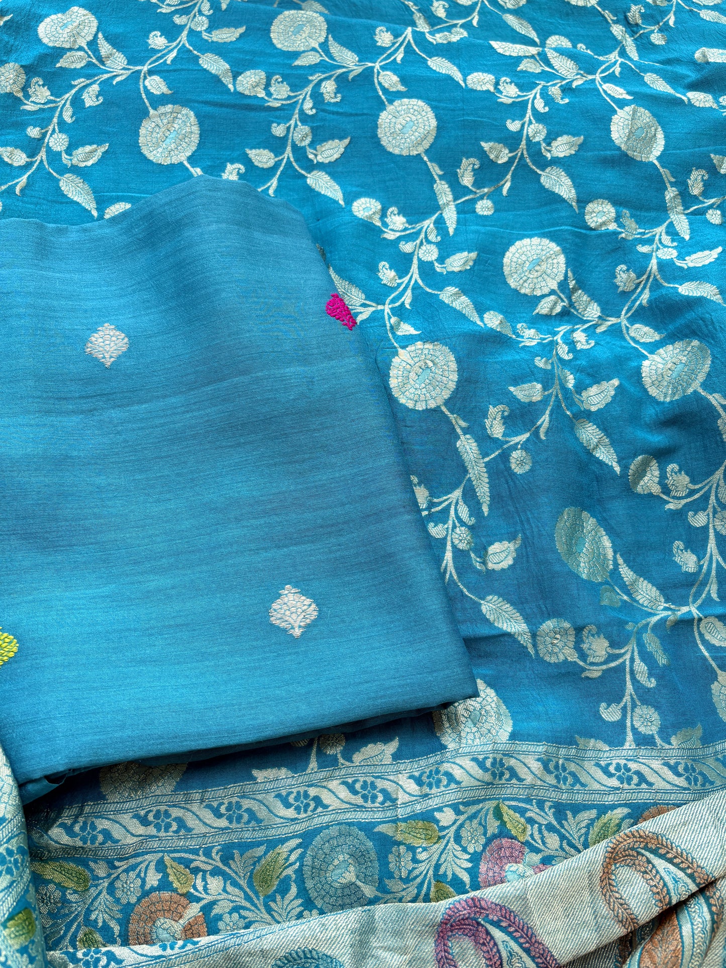 Firozi moonga silk suit set with jaal dupatta