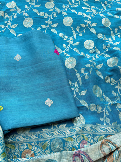 Firozi moonga silk suit set with jaal dupatta