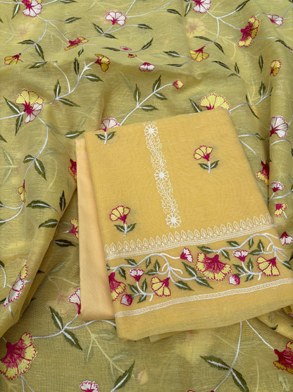 Yellow cotton linen embroidered 3 piece suit set