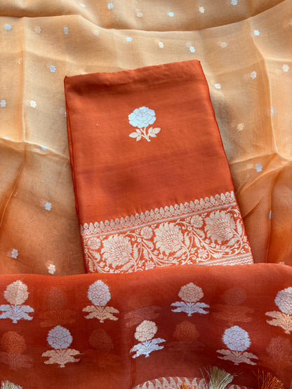 Orange Chiniya silk kurta , bottom and shaded dupatta