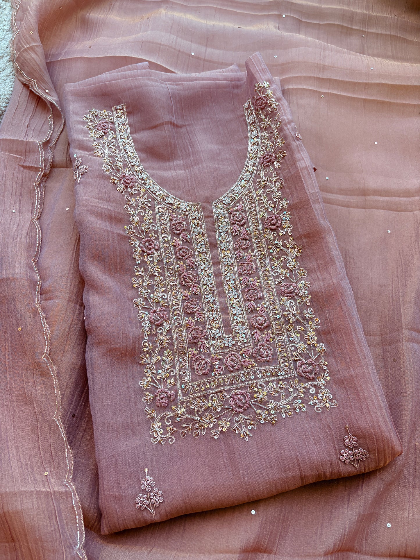 Pink hand embroidered tissue silk suit set