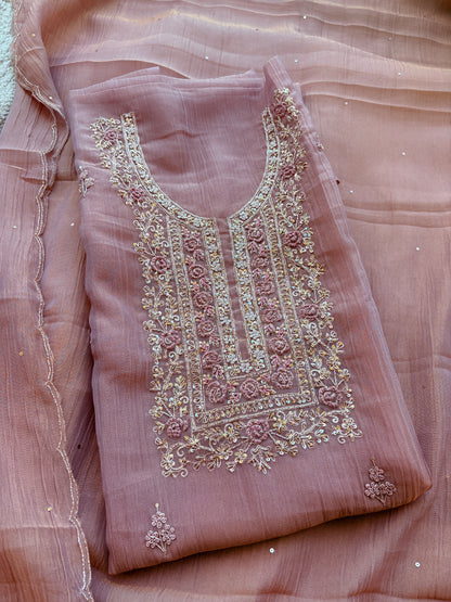 Pink hand embroidered tissue silk suit set