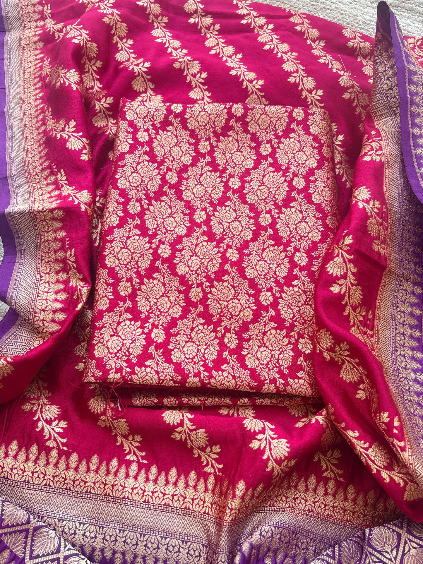 Red moonga silk suit with purple chap dye dupatta