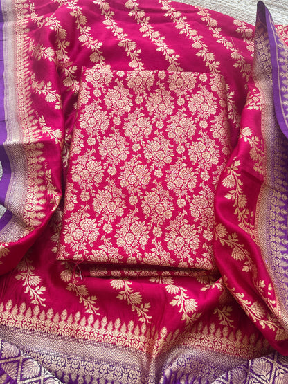 Red moonga silk suit with purple chap dye dupatta