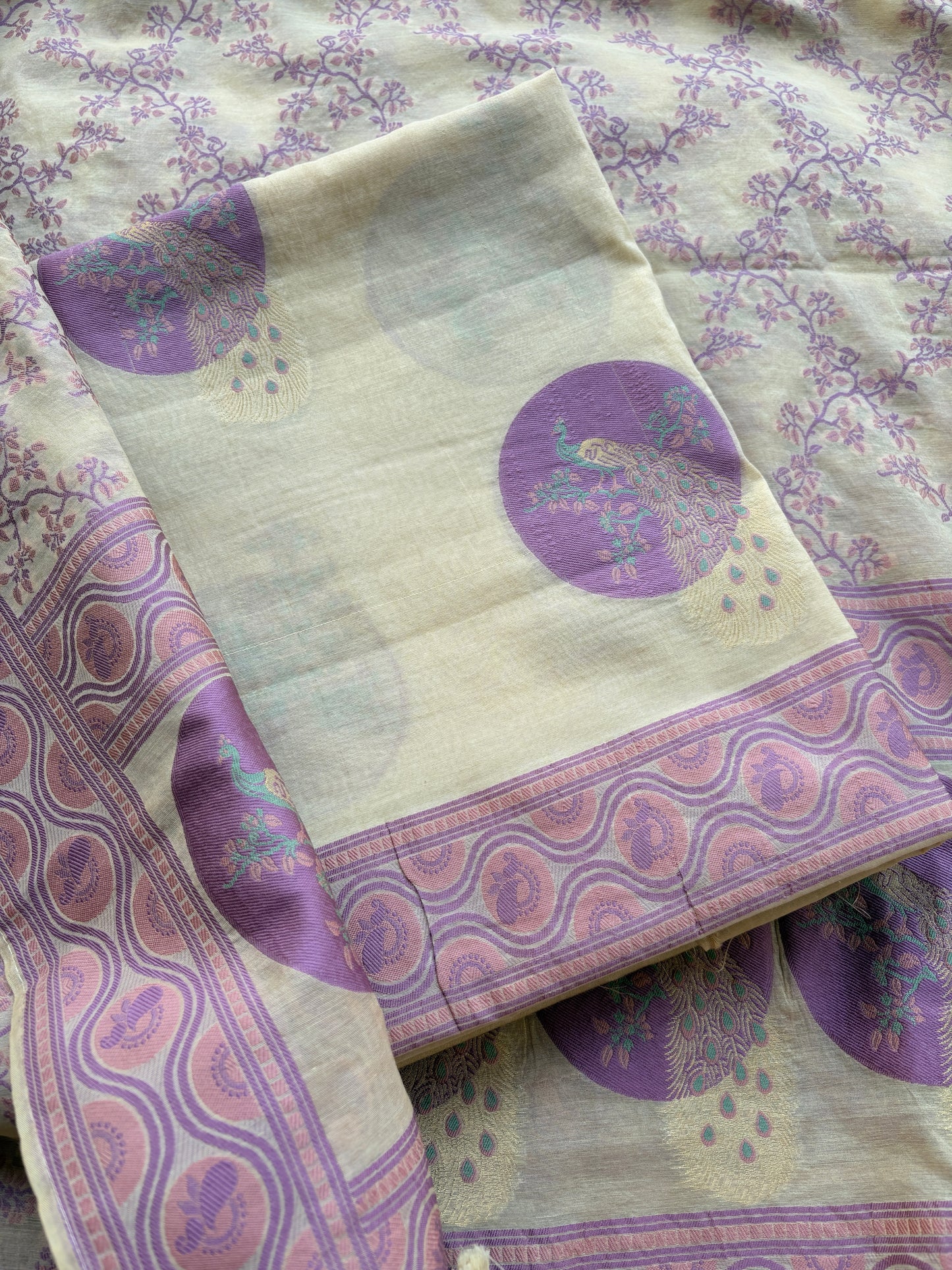 Cream lavender Chanderi cotton suit set