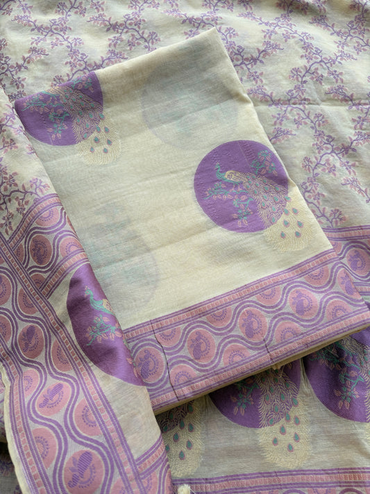 Cream lavender Chanderi cotton suit set