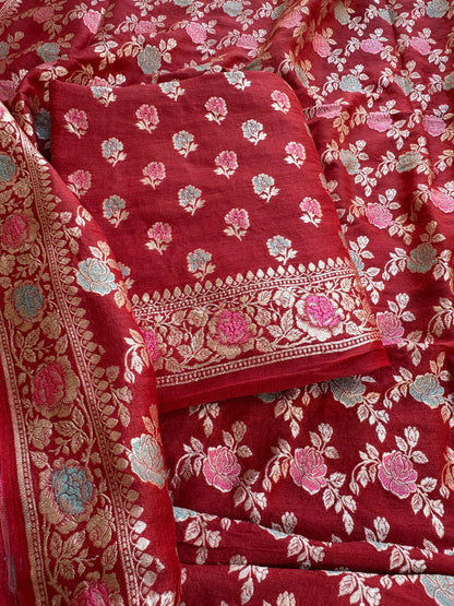 Red jaal meenadar moonga silk suit set