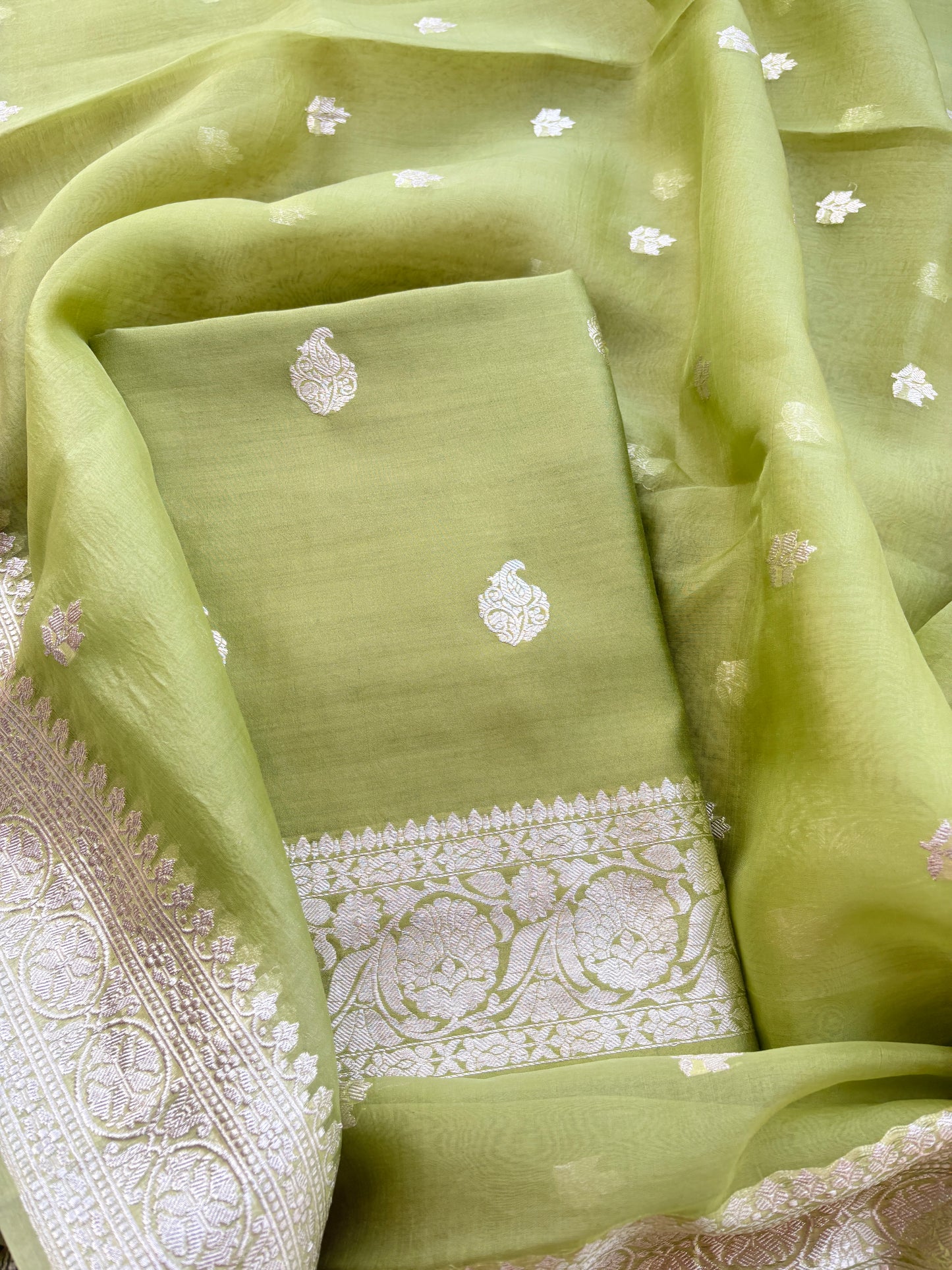 Green Chiniya silk pure silver zari suit set