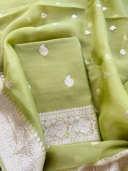 Green Chiniya silk pure silver zari suit set