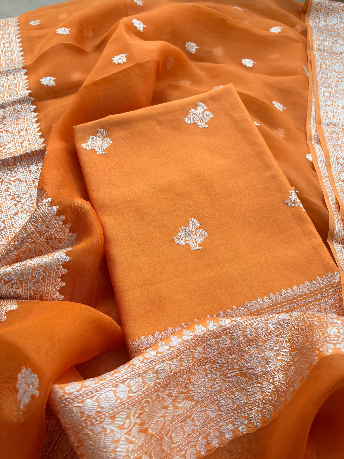 Orange Chiniya kora silk pure silver zari suit set