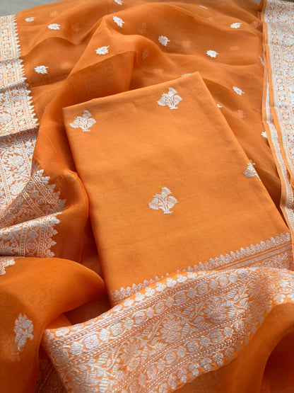 Orange Chiniya kora silk pure silver zari suit set