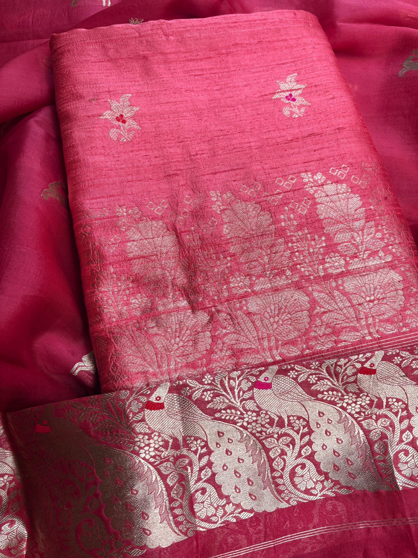 Peach raw silk kurta, bottom , kora silk dupatta