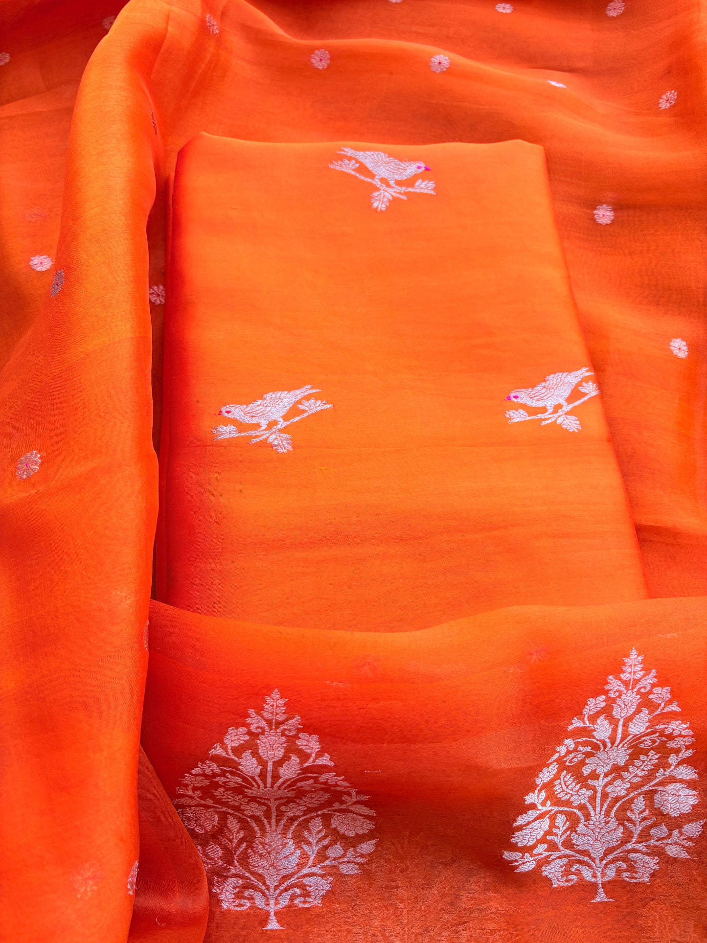 Orange mango silk kadhwa , kora silk suit set