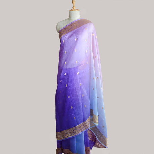 Blue pink shaded kora silk saree