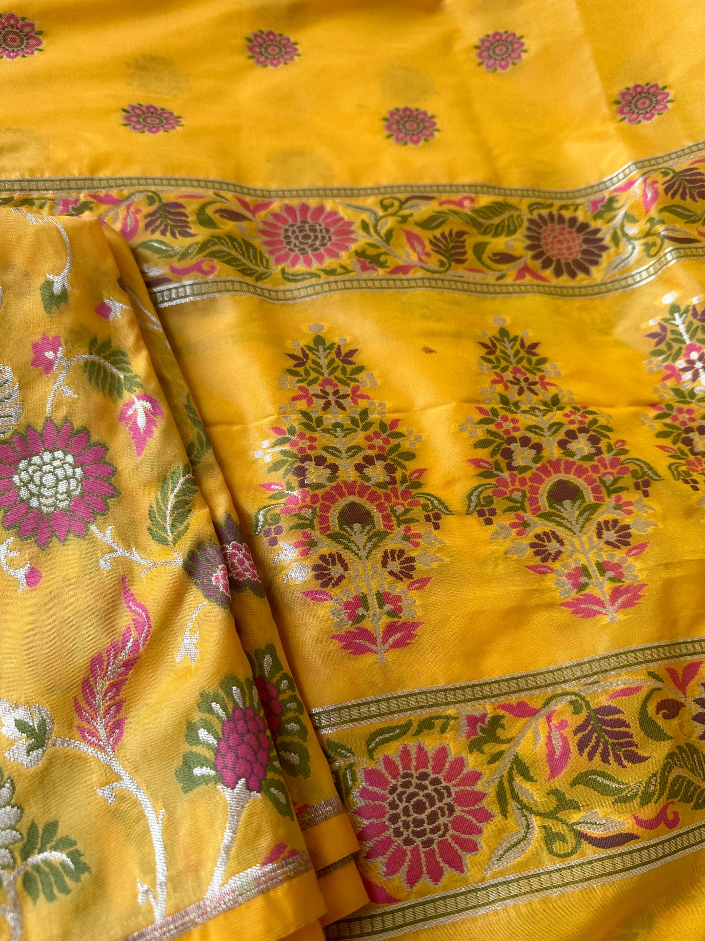 Yellow Chiniya silk full Jaal weaving 3 piece suit.