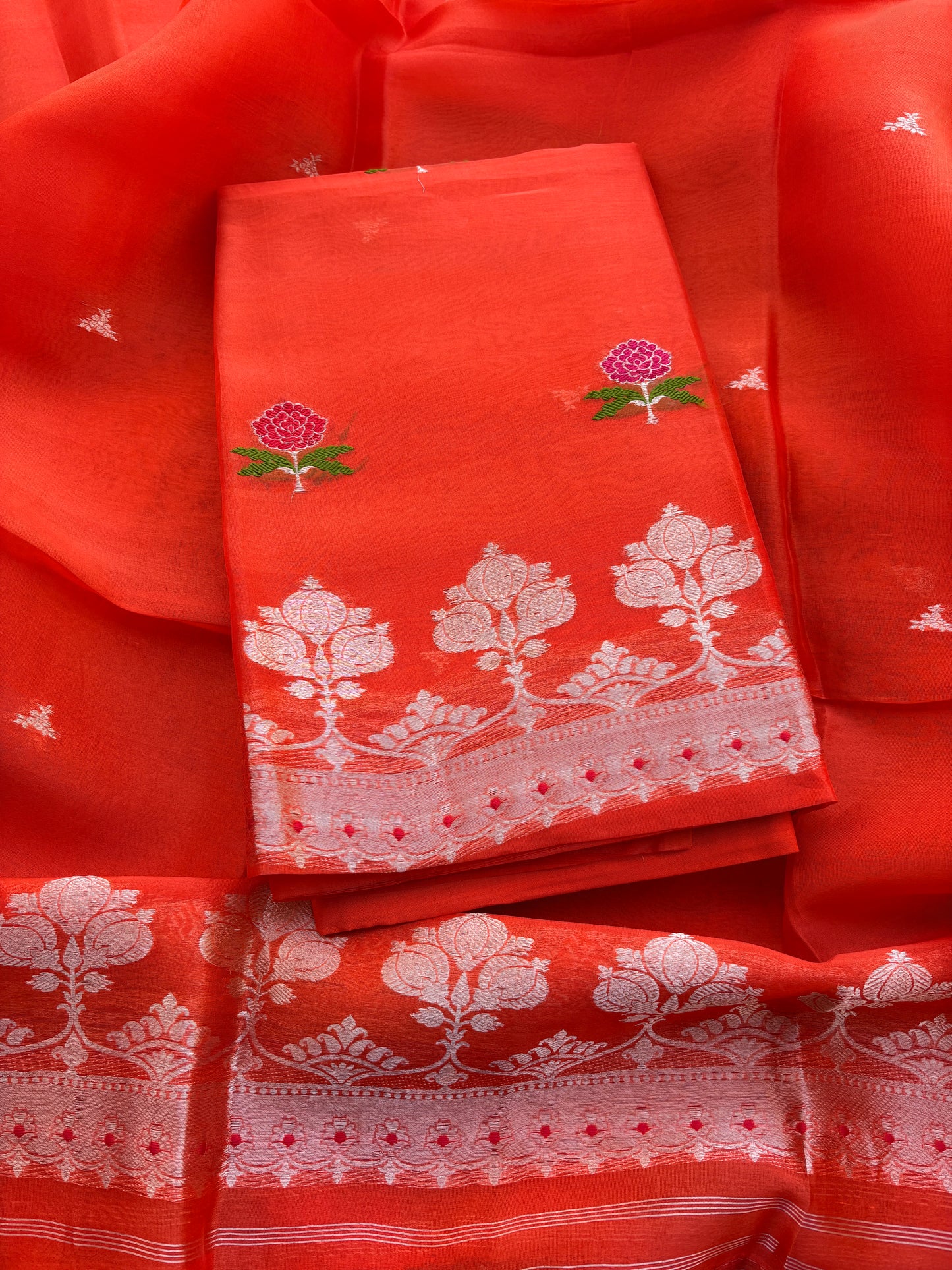 Orange kora silk kadhwa suit set