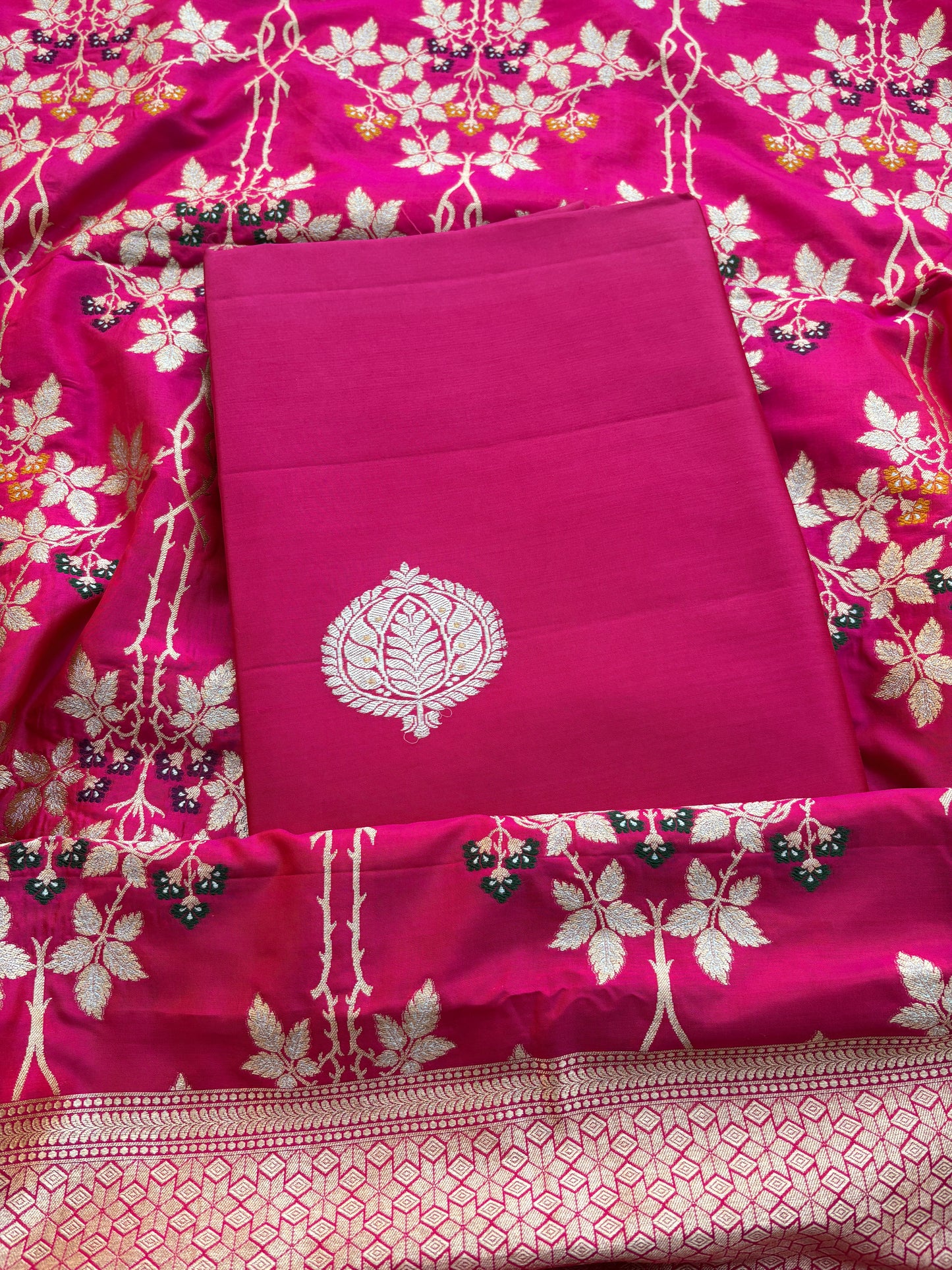 Pink katan silk suit with jaal dupatta suit set