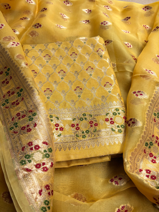 Yellow moonga silk kurta, kora kadhwa dupatta, plain bottom