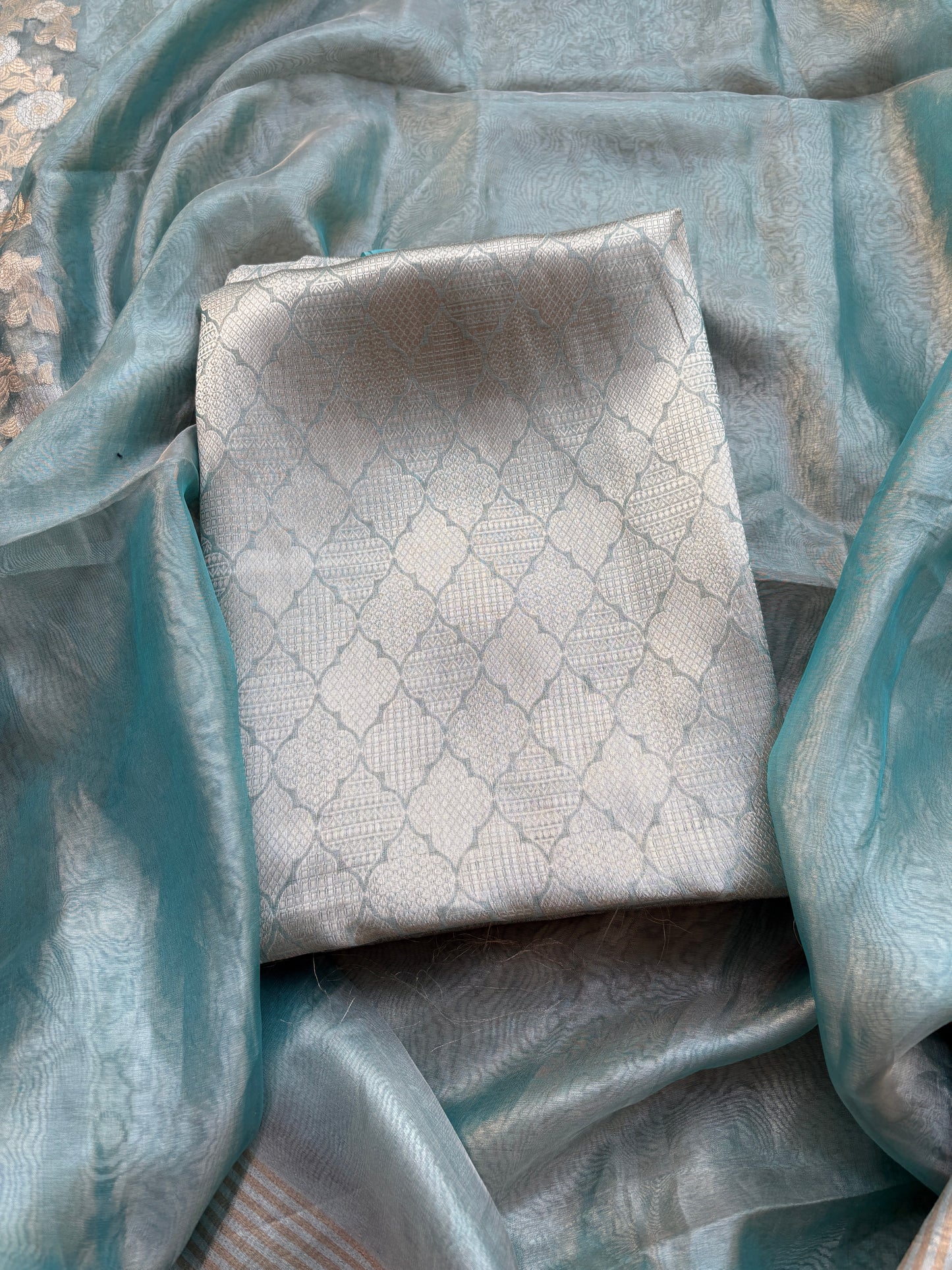 Blue pure tissue brocade silk suit set