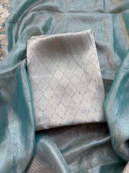 Blue pure tissue brocade silk suit set