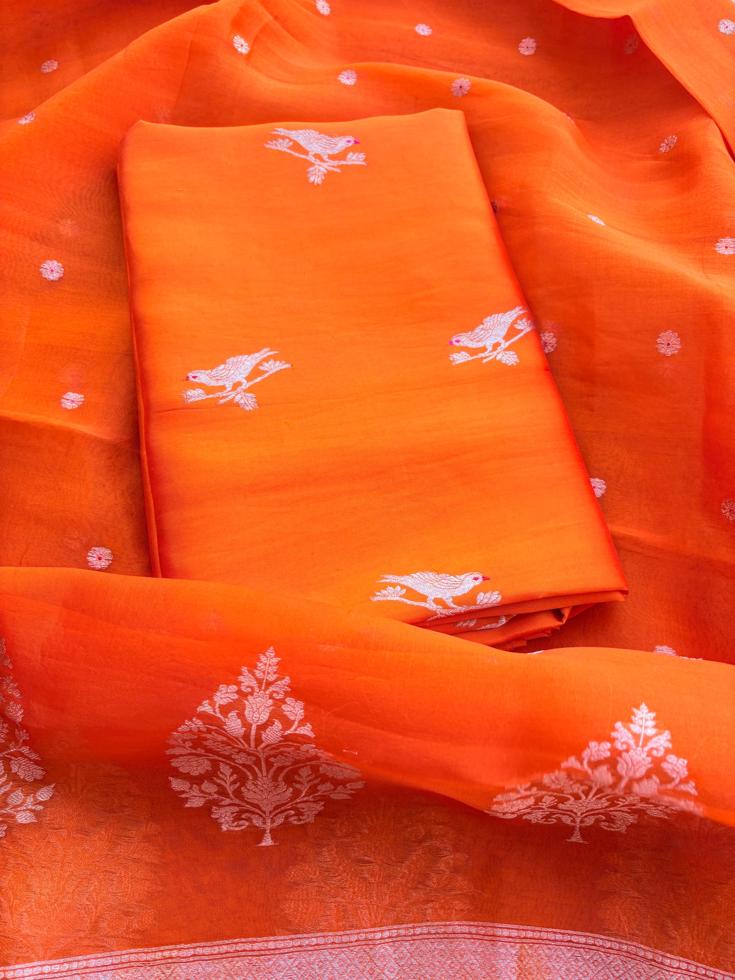 Orange mango silk kadhwa , kora silk suit set