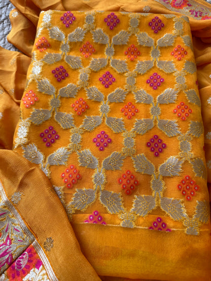 Orange mustard meendar organza kurta, chiffon dupatta and plain bottom