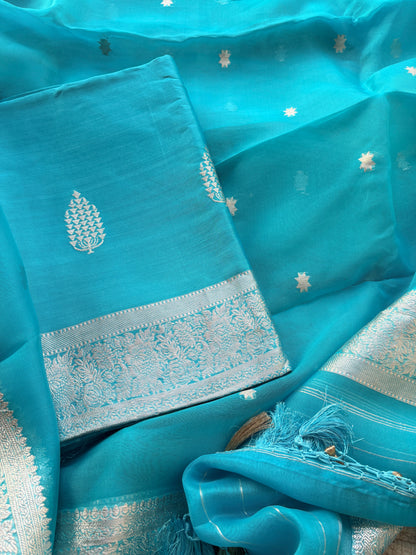 Blue Chiniya Kora silk silver zari suit set