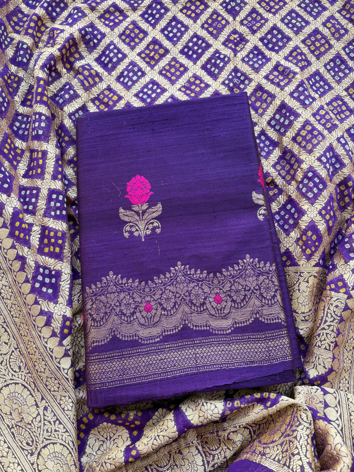 Purple raw silk kadhwa suit with Khaddi georgette dupatta
