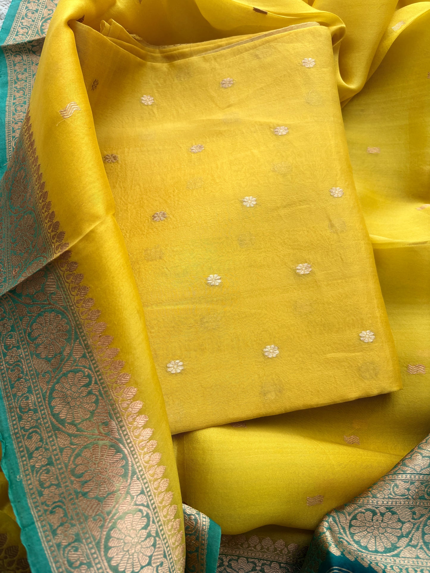 Yellow kora suit with shaded dupatta