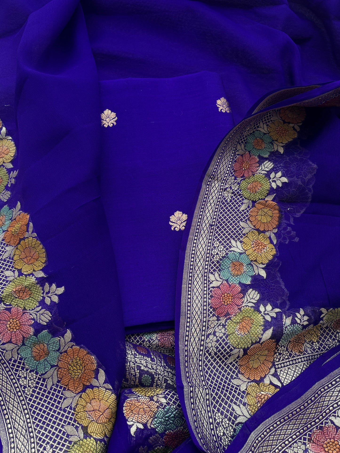 Blue Chiniya silk suit with pure georgette meenadar dupatta