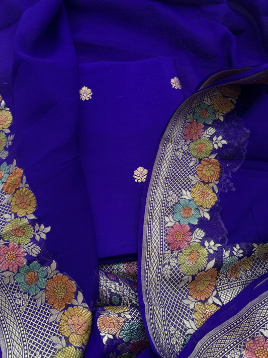 Blue Chiniya silk suit with pure georgette meenadar dupatta