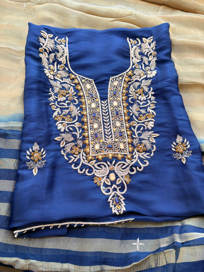 Blue tissue handwork suit with tissue dupatta