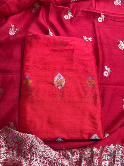 Red raw silk meenadar kurta, chiniya silk dupatta, plain raw silk bottom.