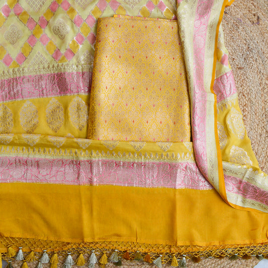 Yellow brocade suit with rangkat Khaddi georgette dupatta