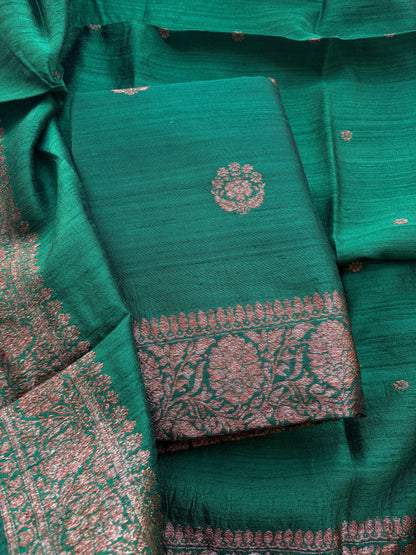 Green raw silk kadhwa suit set, raw silk dupatta